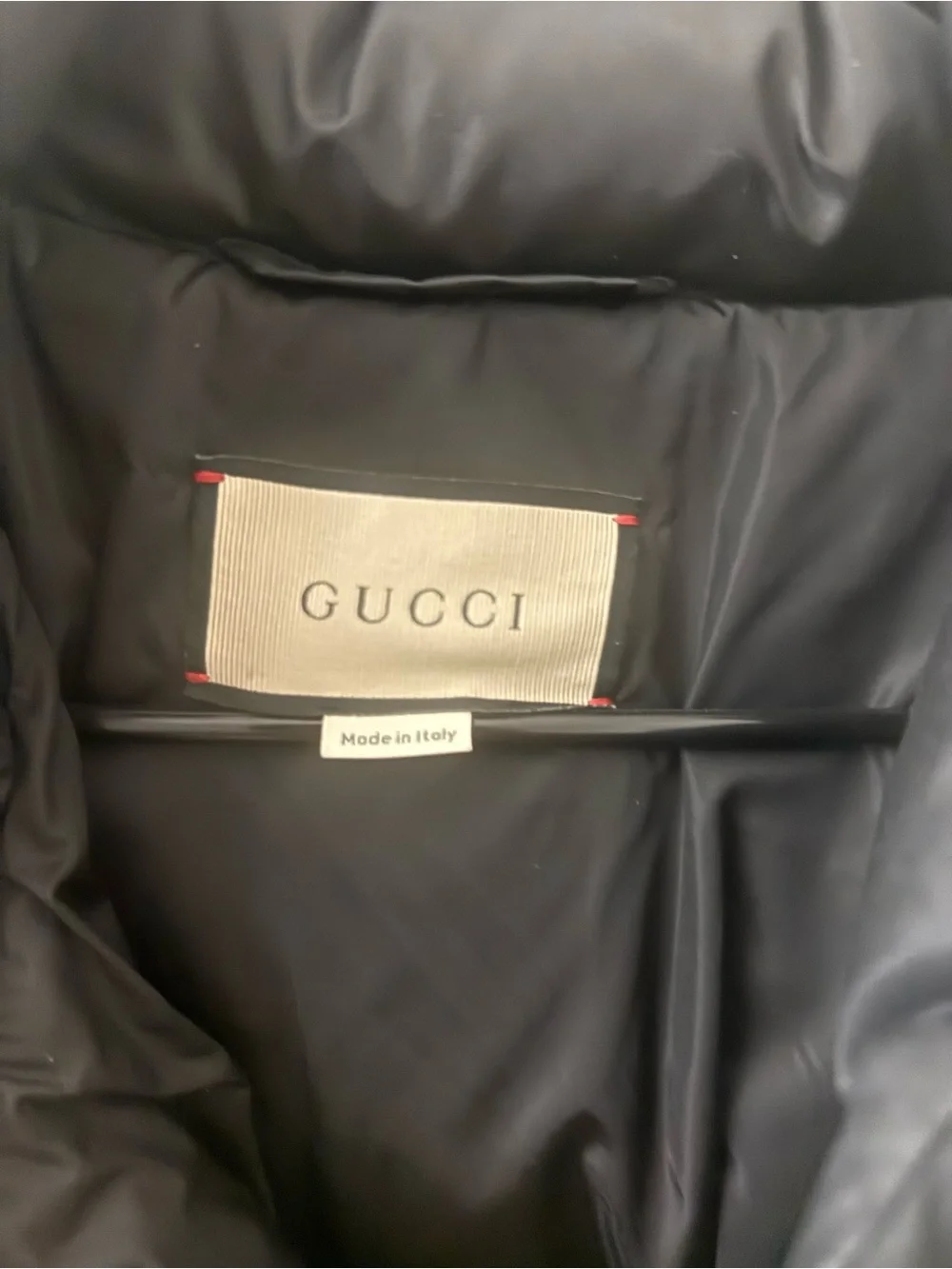 Gucci Black Puffer Jacket with Green and Red Web Stripe